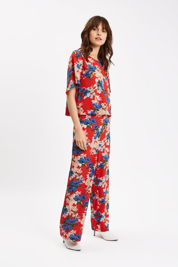 Traffic People SING Floral Red Wide Leg Trousers Side View Image