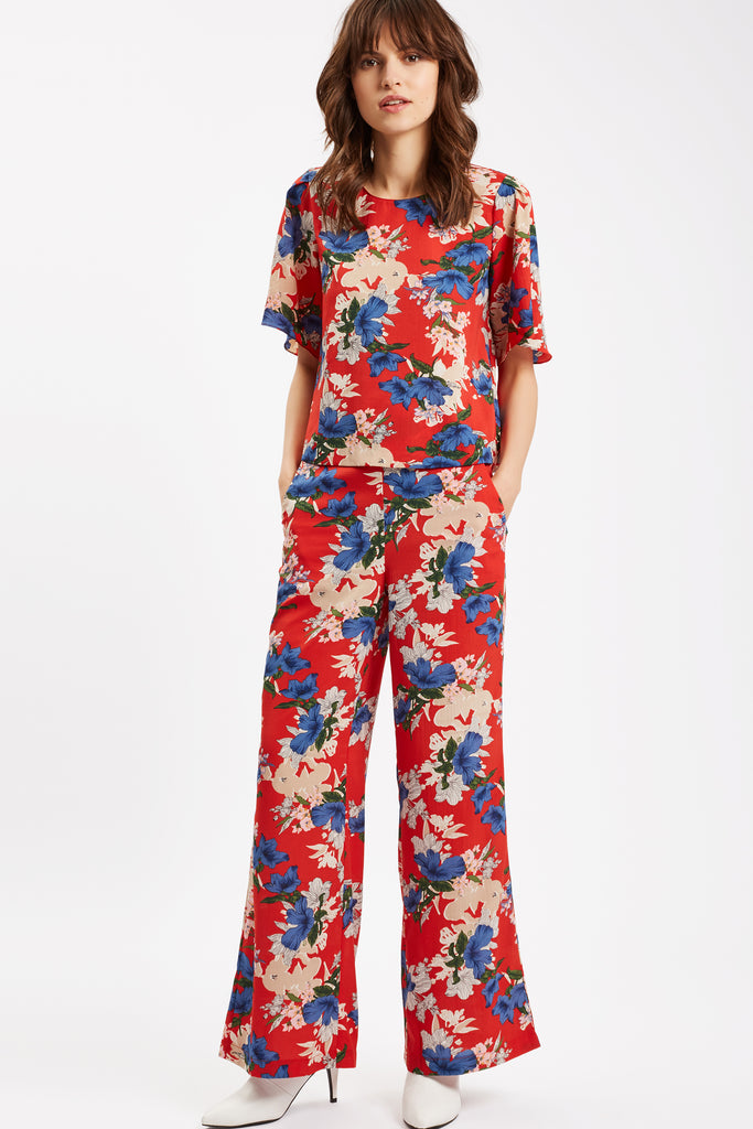 Traffic People SING Floral Red Wide Leg Trousers Front View Image