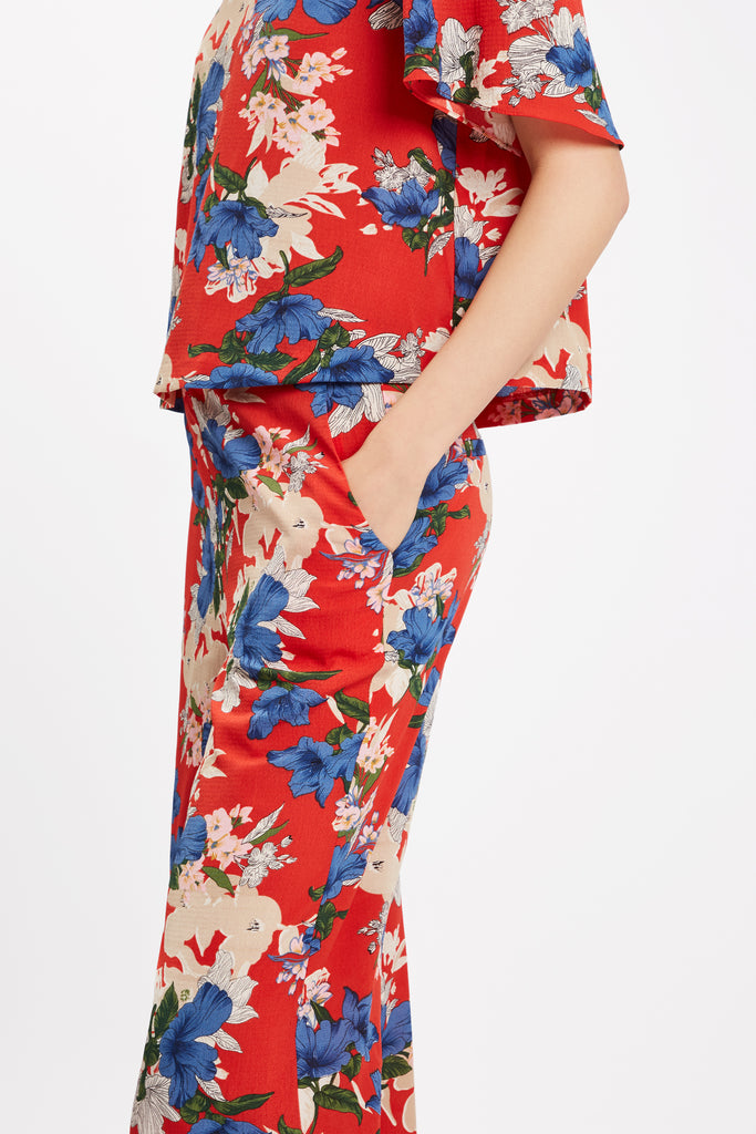 Traffic People SING Floral Red Wide Leg Trousers Back View Image