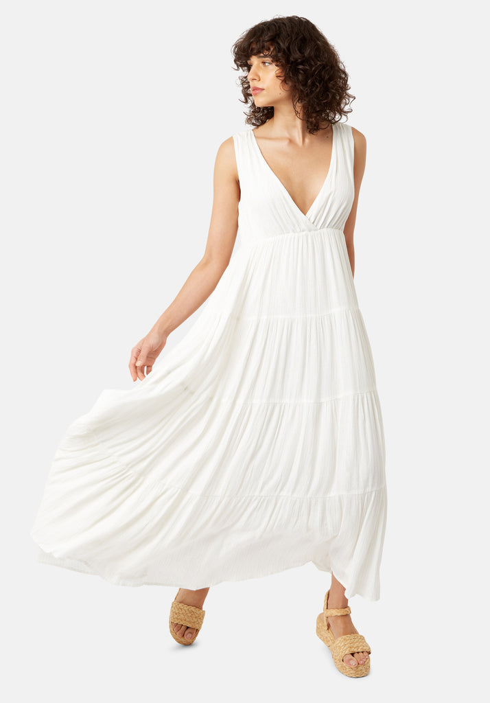 Traffic People Sleeveless Mellow Maxi Dress in White Front View Image